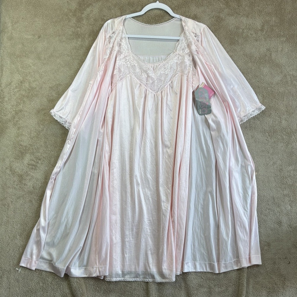 NOS Peignoir Set Sz M Pink Lace Made USA Nightgown + Robe Romantic Feminine - Picture 2 of 8